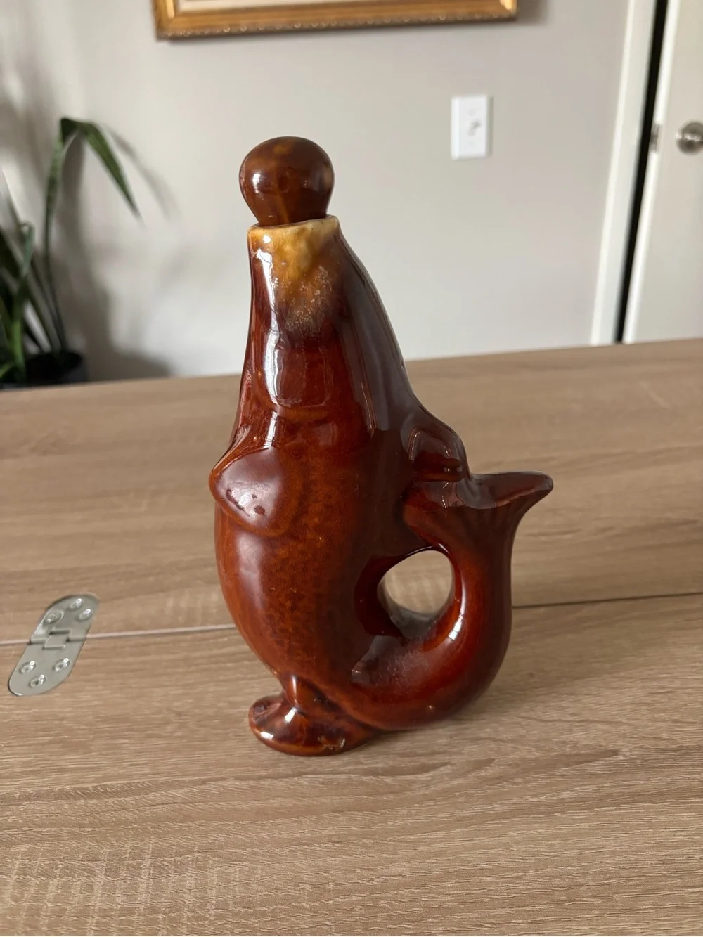 Vintage Handmade Brown Ceramic Fish Decanter with Stopper